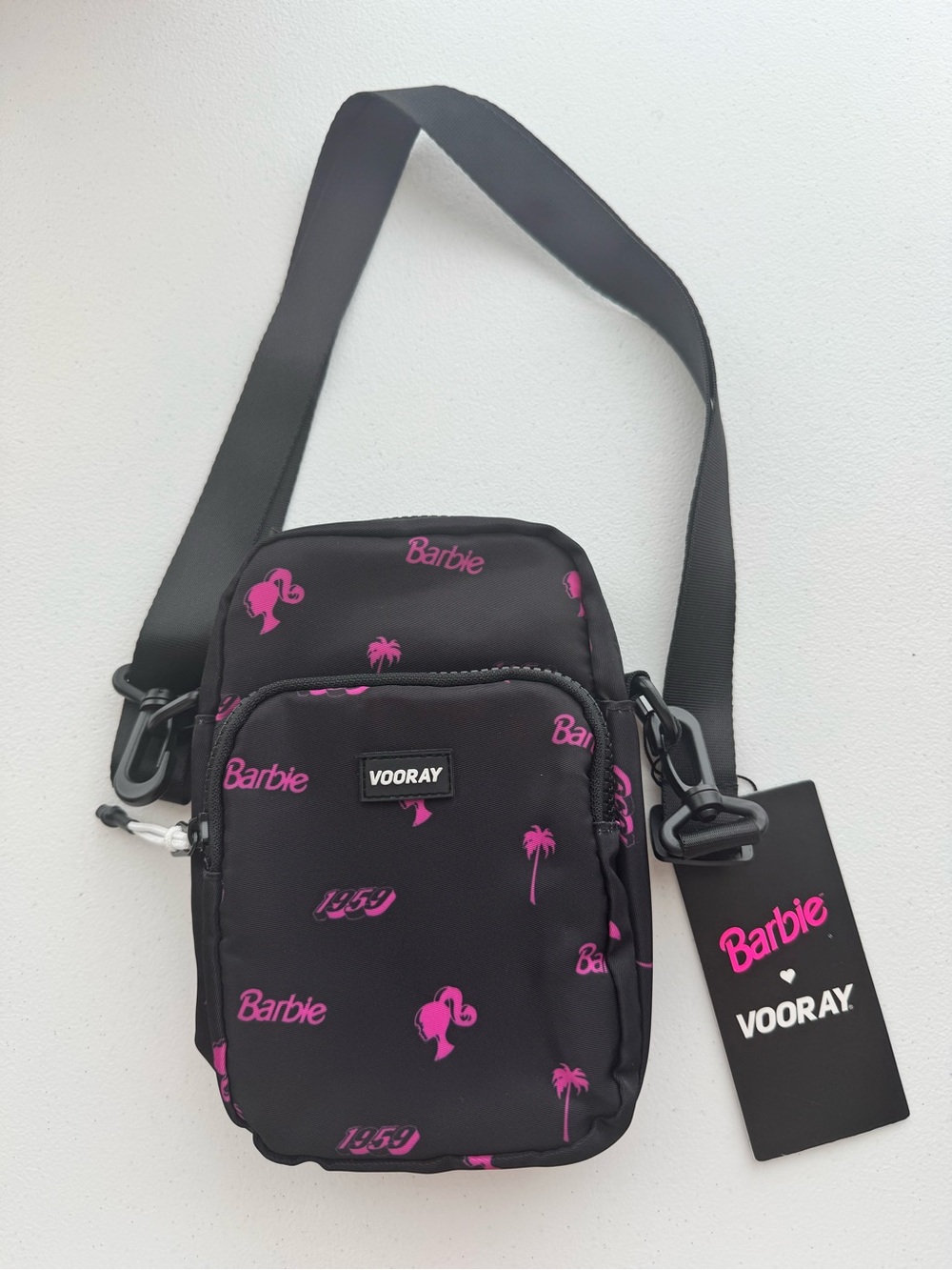 NWT Barbie x Vooray Core Crossbody Bag Black Pink 1959 Adjustable Strap